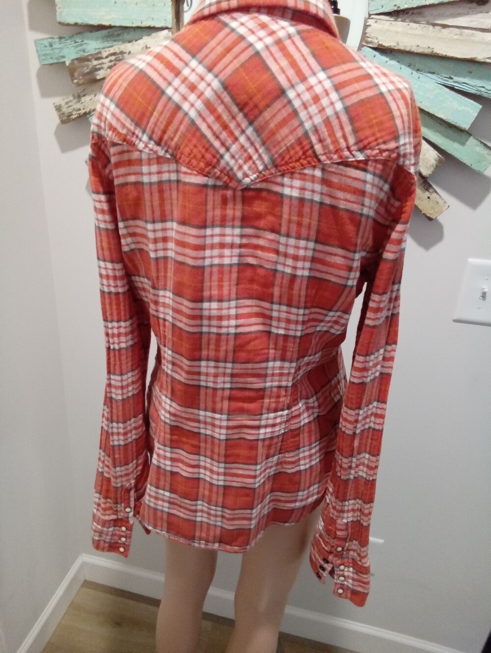Vintage Y2K American Eagle Outfitters Sz 12 Orange Plaid Pear Snap Western Butto - Picture 13 of 16